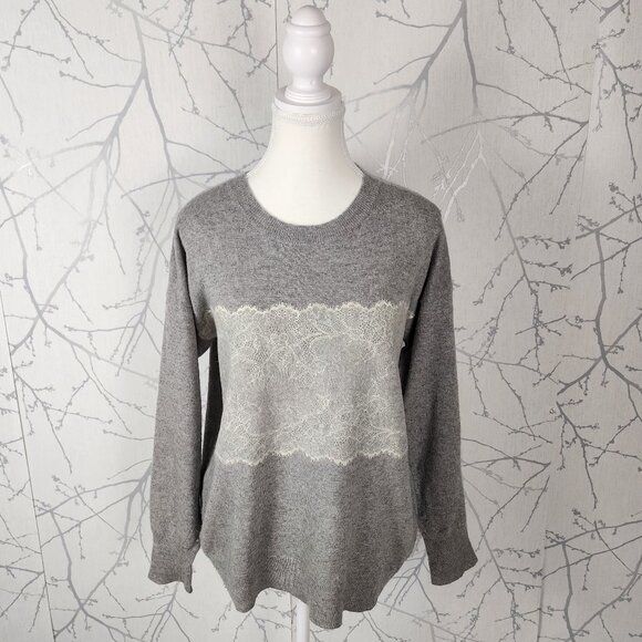 J. Crew Gray Wool Blend Lace Panel Crewneck Sweater - Picture 1 of 6